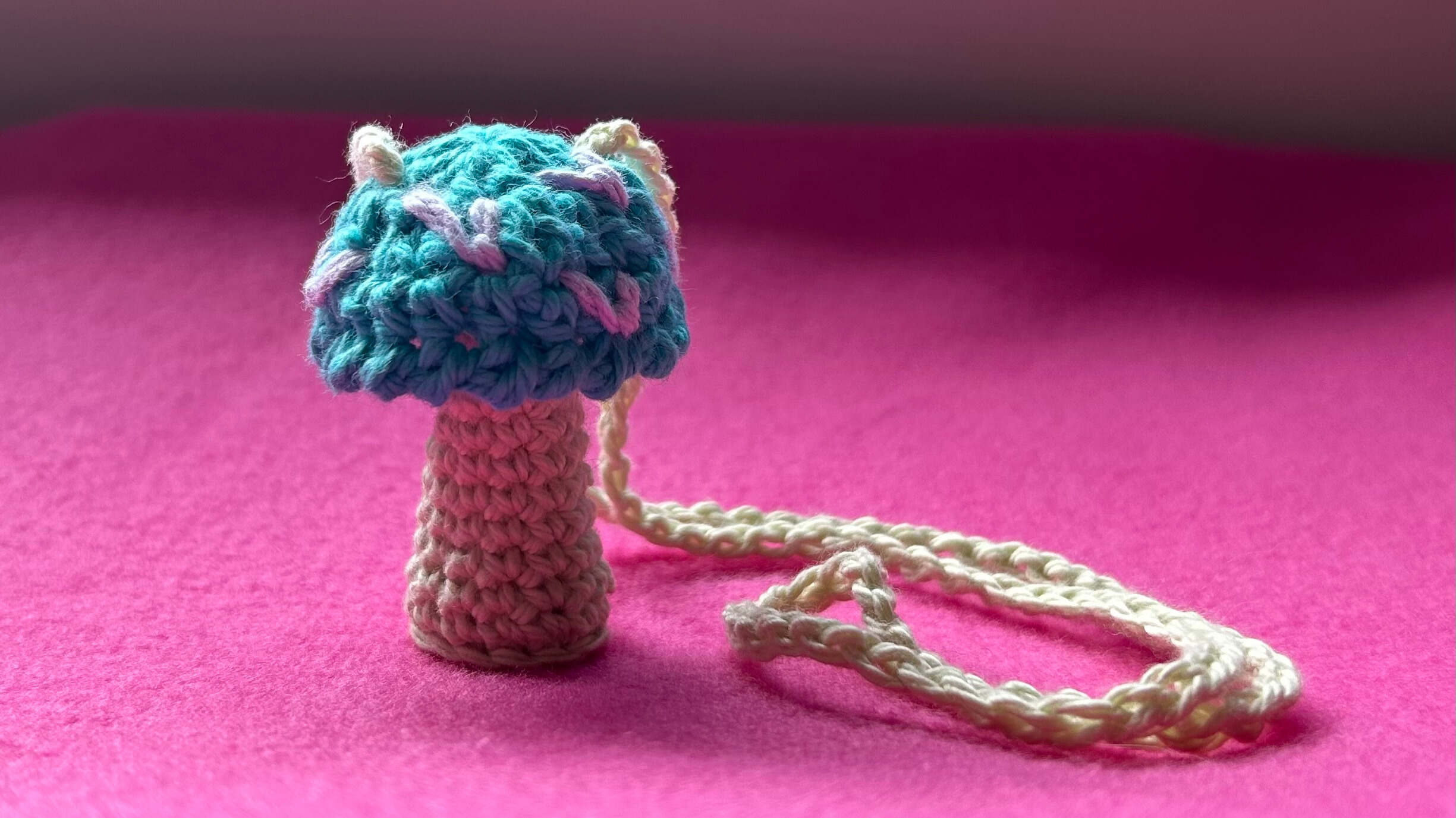 Finished mushroom pouch free crochet project made from cotton yarn