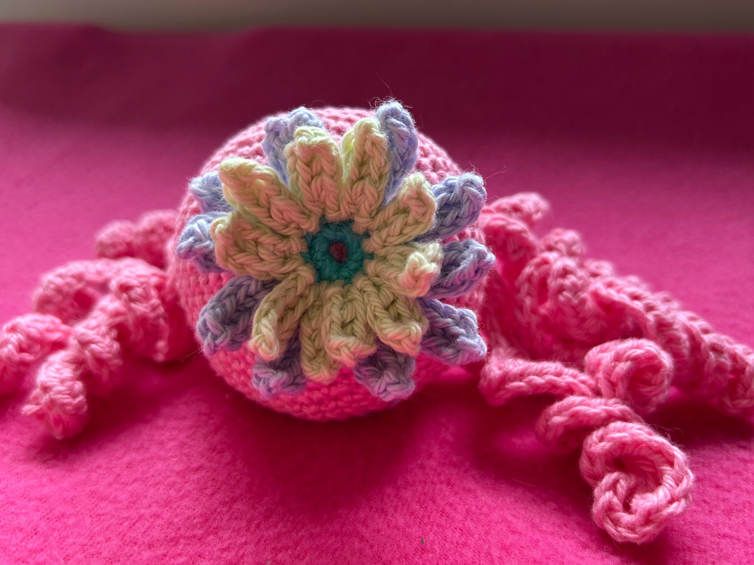 Crochet Daisy closeup on Octopus's head