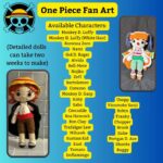 photographs of crocheted one piece characters along with a typed list of all characters available to order