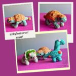 assorted photos of a small green crocheted ankylosaur with a peach back and headpiece and peach tail