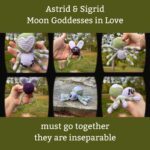 various photographs of a crocheted spider and fly in shades of purple, lavender, and green; the spider has a green body with a lavender heart design on her back
