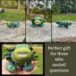 four different photographs of a green crocheted stuffed axolotl