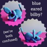 two photographs of a small blue crocheted rodent with large plastic eyes, large ears tipped in a different shade of blue, a pink nose, and a thin gray blue-tipped tail that stands up straight