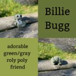 photos of crocheted stuffed roly poly bug in green and gray