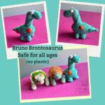 three photographs, two showing a blue-green crocheted dinosaur with orange spots, and in the third he is joined by a crocheted triceratops and ankylosaurus