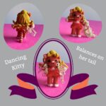 three photographs of small crocheted cat standing on two legs with "arms" outstretched to sides, she is orange with white stripes on her tail and white fur on her chest, she is wearing a red showgirl outfit and has a removable loopy scarf, she has a yellow bouffant hairdo and embroidered on nose, smile, and whiskers, she has a striped tail and white feet, she can stand balanced on her tail