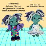 photo of green crocheted doll with purple and gray pigtails in two outfits