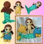 assorted photos of the same brown haired crocheted doll in various outfits including a mermaid tail