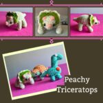assorted photographs of a small light-colored crocheted triceratops with peach colored horns and a green frill