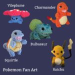 Photographs of crocheted pokemon: vileplume, charmander, bulbasaur, squirtle, raichu